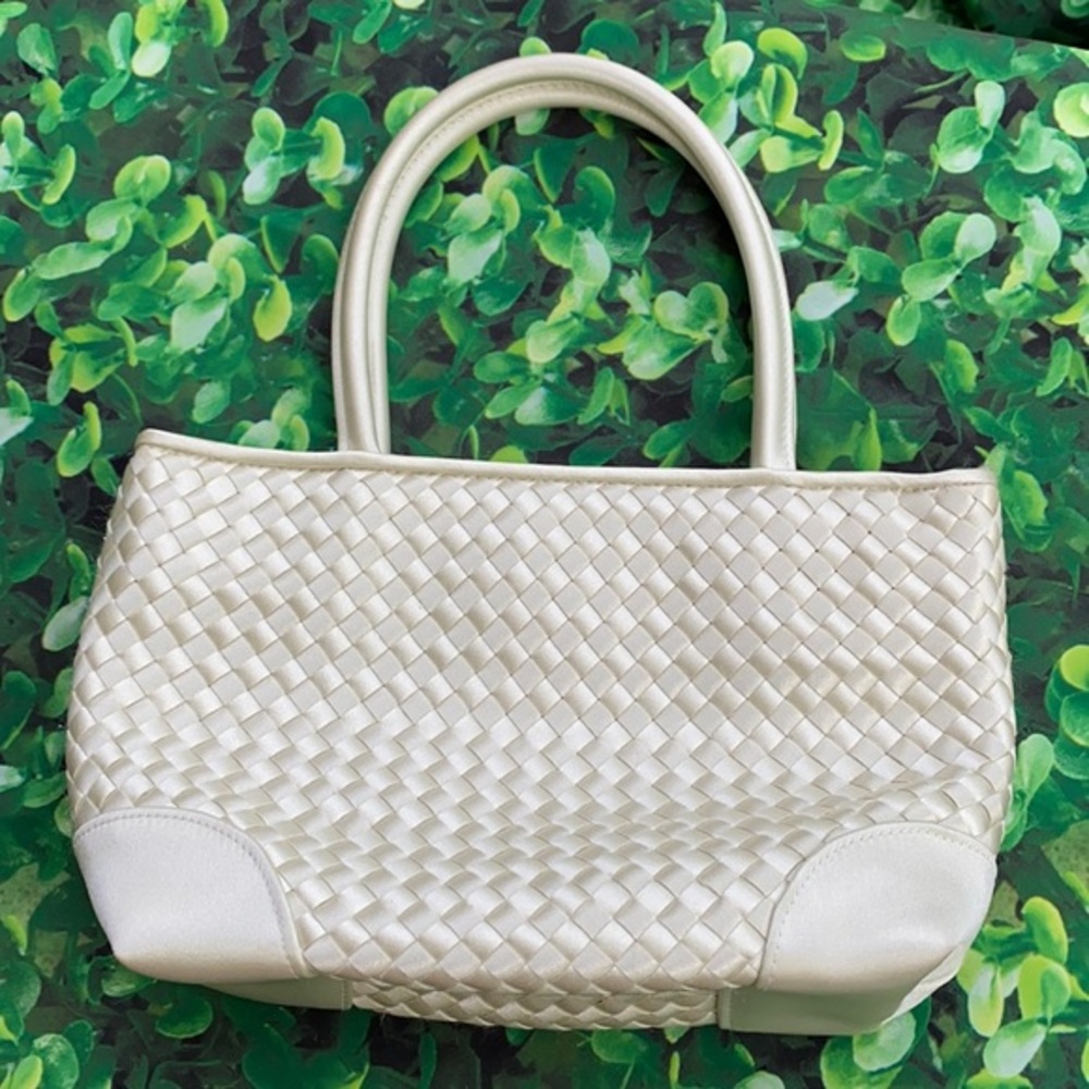La Regale Woven Satin Evening Handbag Pearl Ivory Top Handle Purse